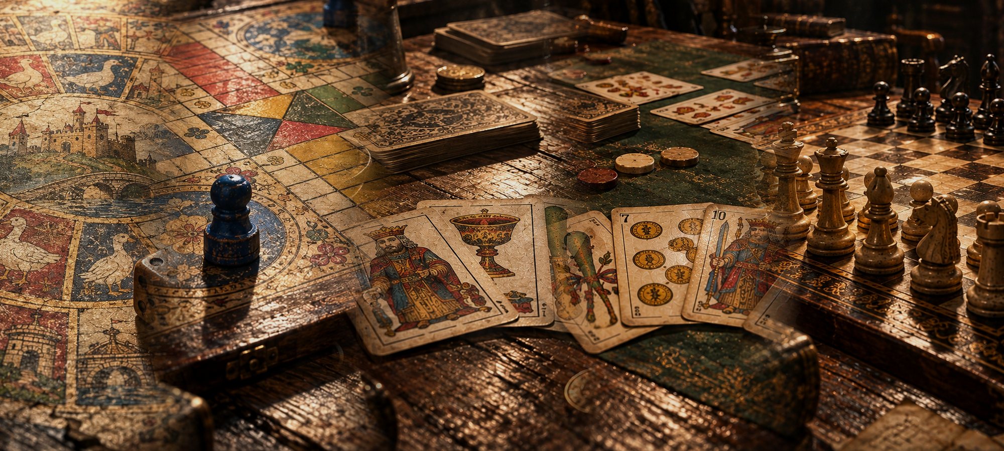 Las cinco mesas de juego de la serie: la oca, el parchís, el mus, el chinchón y el ajedrez