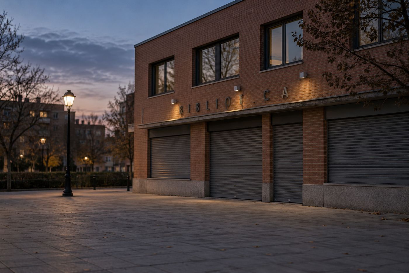 Una biblioteca de barrio con las persianas bajadas
