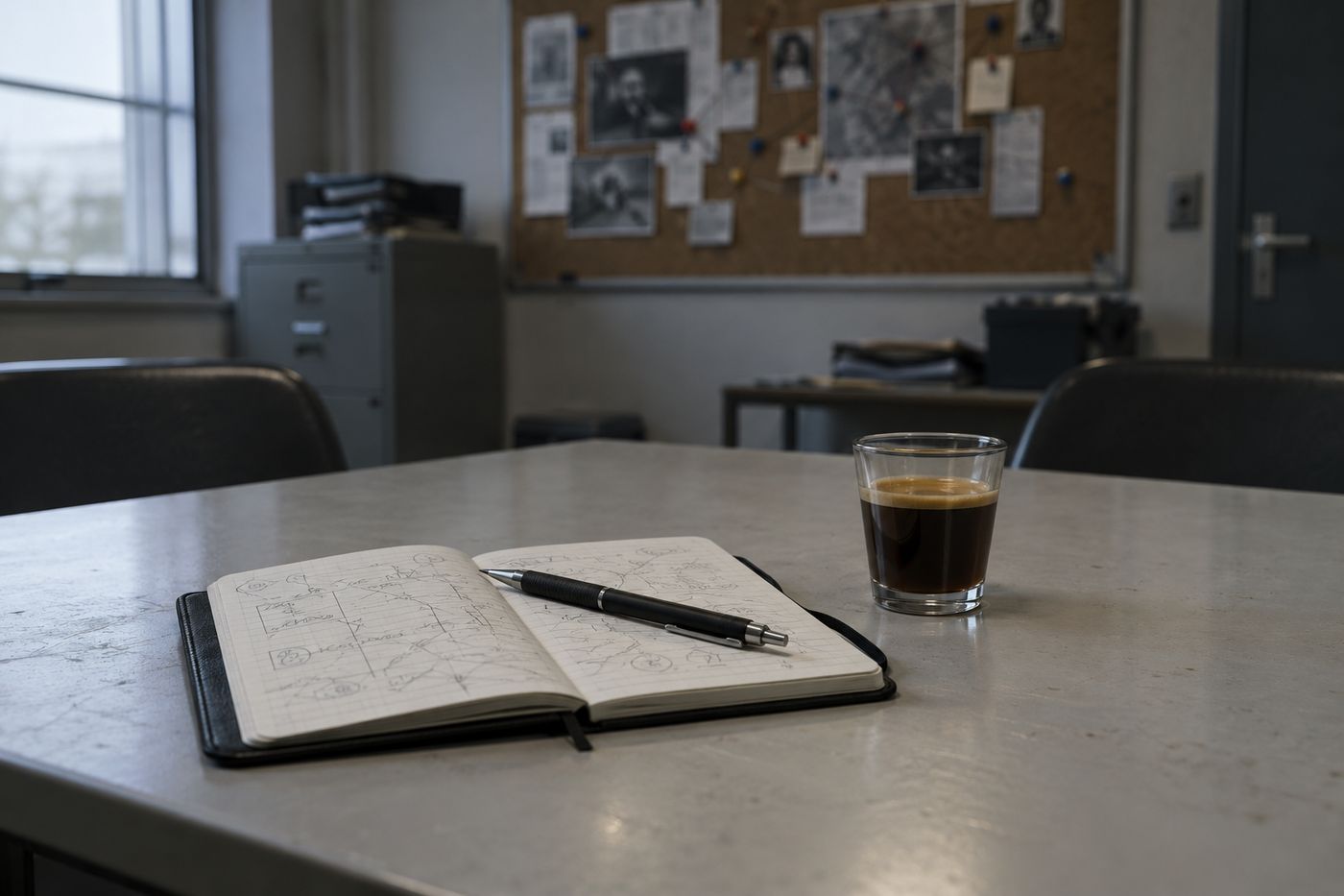 La libreta de hule del inspector, un portaminas y un café solo