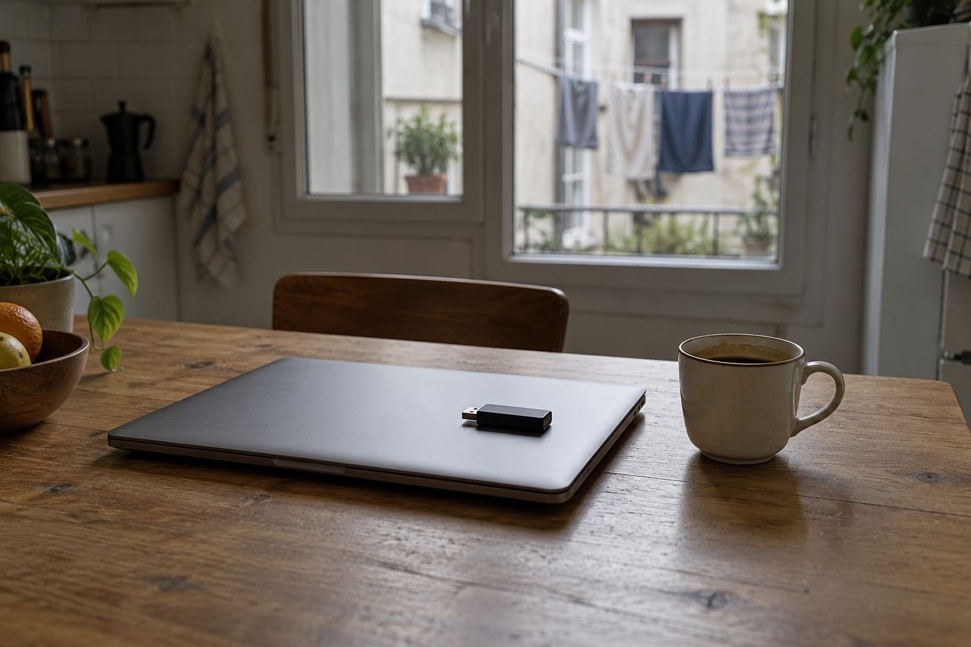 Un portátil abierto, un pendrive negro y una taza de café frío